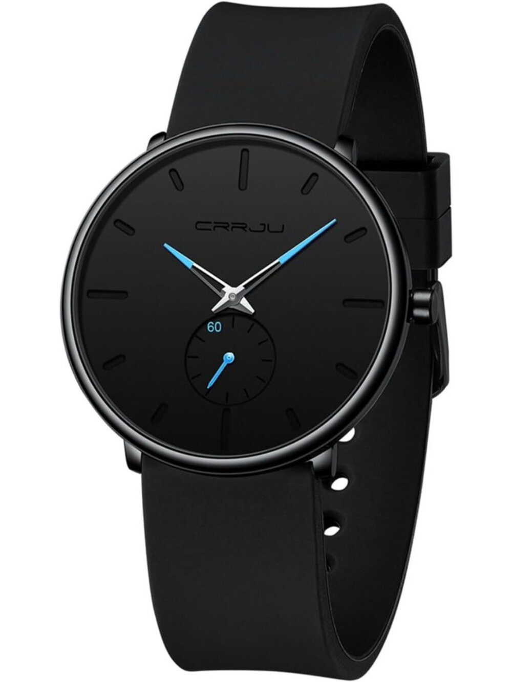 Crrju Mens Black Blue Stylish Waterproof Quartz Unisex Ultra Silicone Band Watch